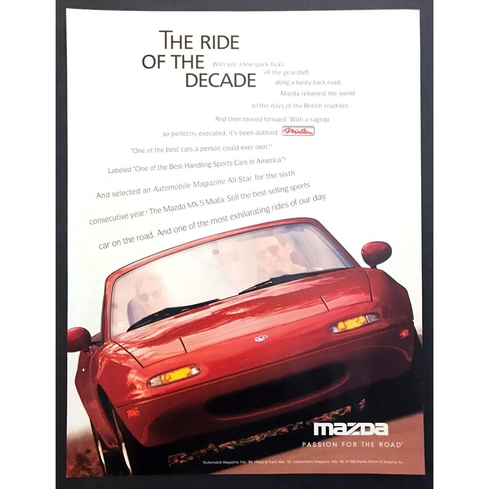 1996 Mazda MX-5 Miata Convertible photo "Ride of the Decade" vintage print ad